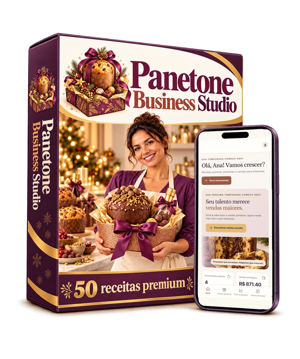 Caixa do produto Panetone Business Studio com o aplicativo no celular
