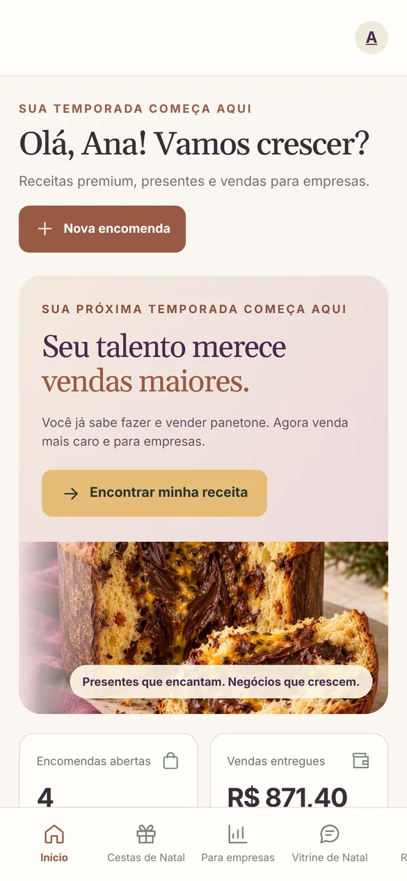 Conheça o Panetone Business Studio — tela real do aplicativo