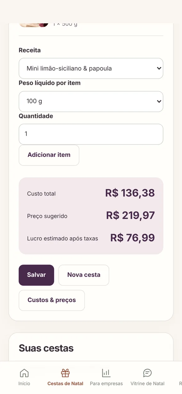 Tela real: cesta de Natal com custo, preço e lucro