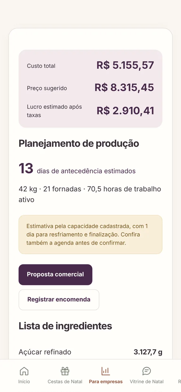 Tela real: pedido para empresa com custo, preço, lucro e planejamento de produção