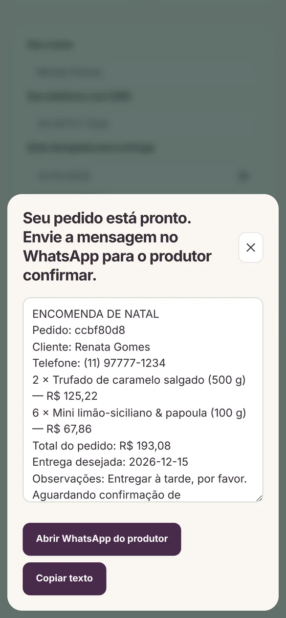 Tela real: pedido montado para enviar no WhatsApp do produtor