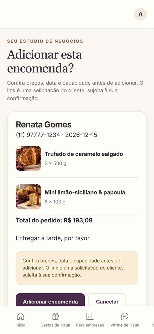 Tela real: pedido da vitrine para adicionar às encomendas